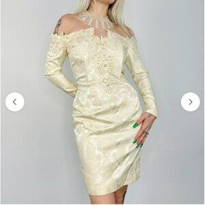 Vintage Jessica McClintock Ivory Lace Dress 6 Off-Shoulder Beaded Bridal Mini